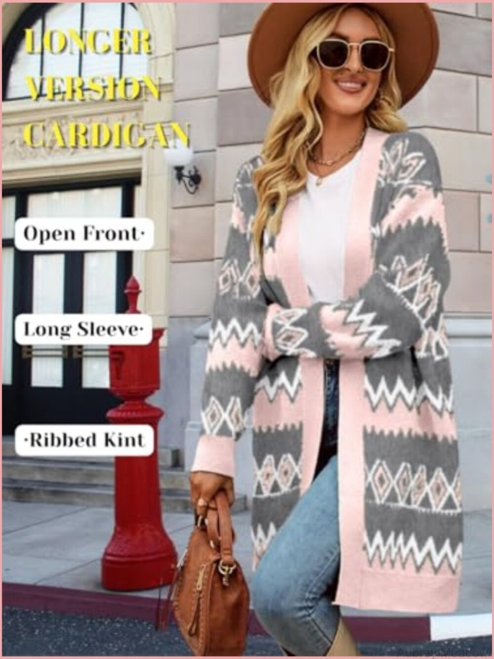 Aztec Print Long Cardigan, Open Front Knit Sweater, Lightweight - Picture 5 of 7